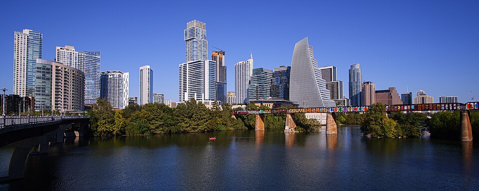 A photograph of downtown Austin, Texas. Taken from the river.